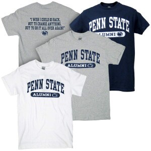 navy, Oxford, and white t-shirts with Penn State Alumni on fronts, I Wish I Could Go Back…